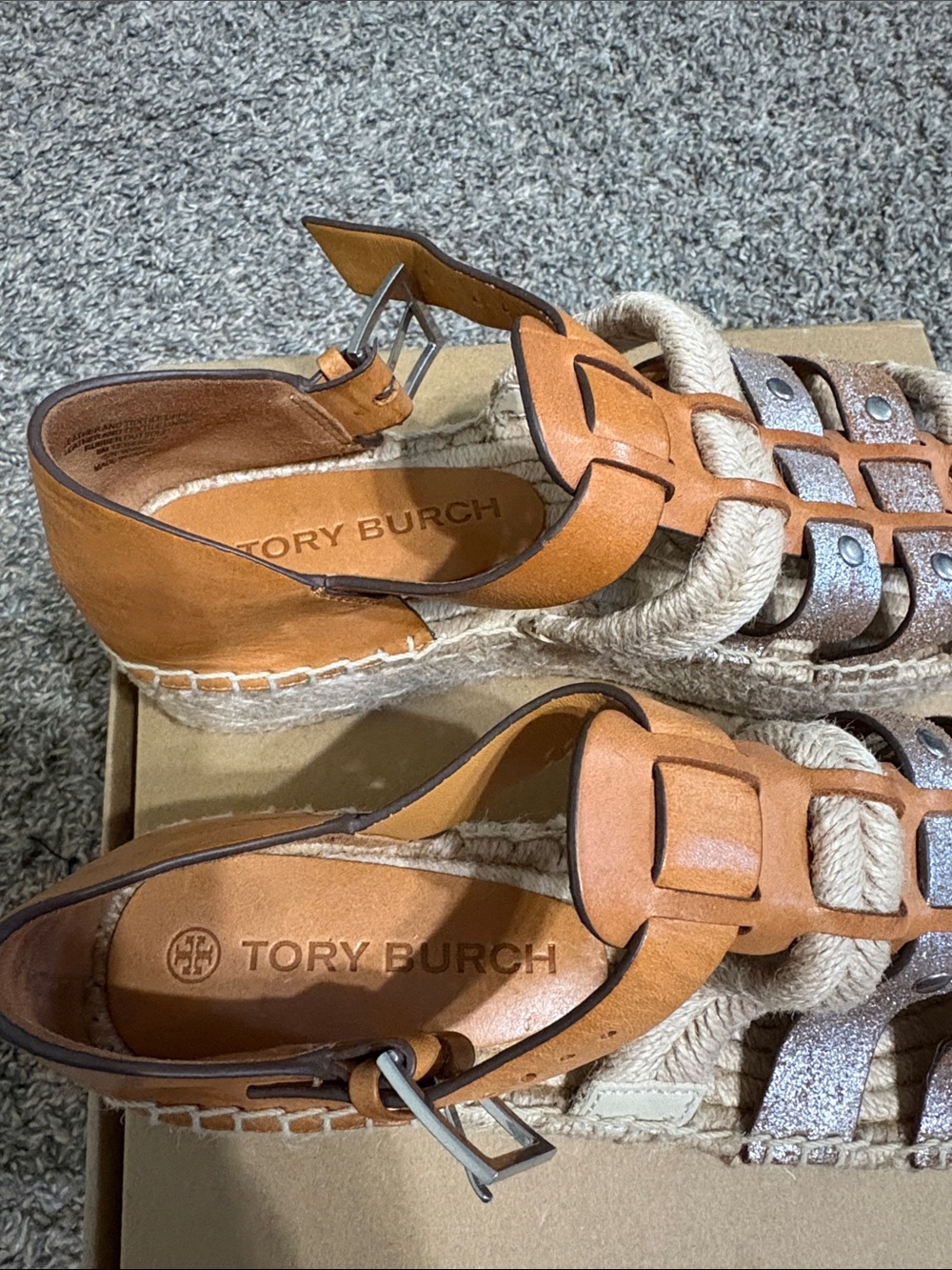 Tory Burch Cognac Leather Espadrille Sandals with Metallic Straps